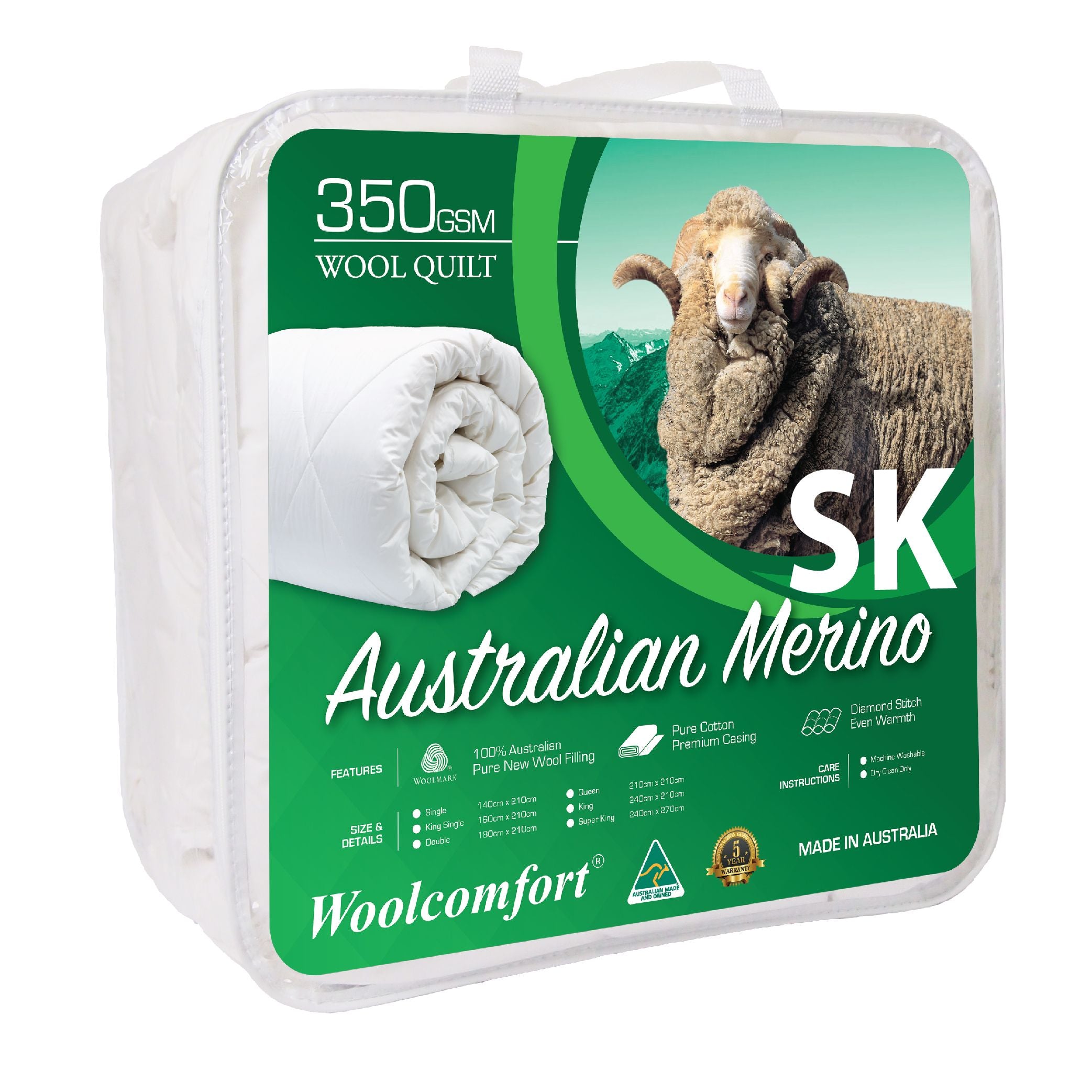 Woolcomfort Australian Made Merino Wool Quilt 350GSM - Super King